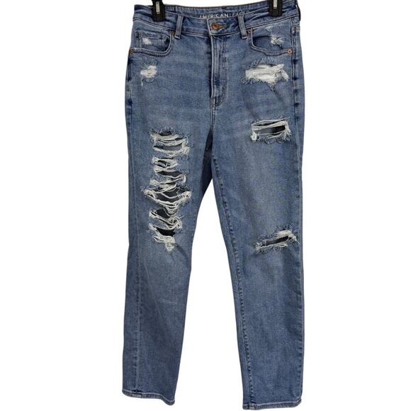American Eagle Mom Jeans Stretch Distressed Destroyed High Rise Womens sz 6 - Picture 1 of 16